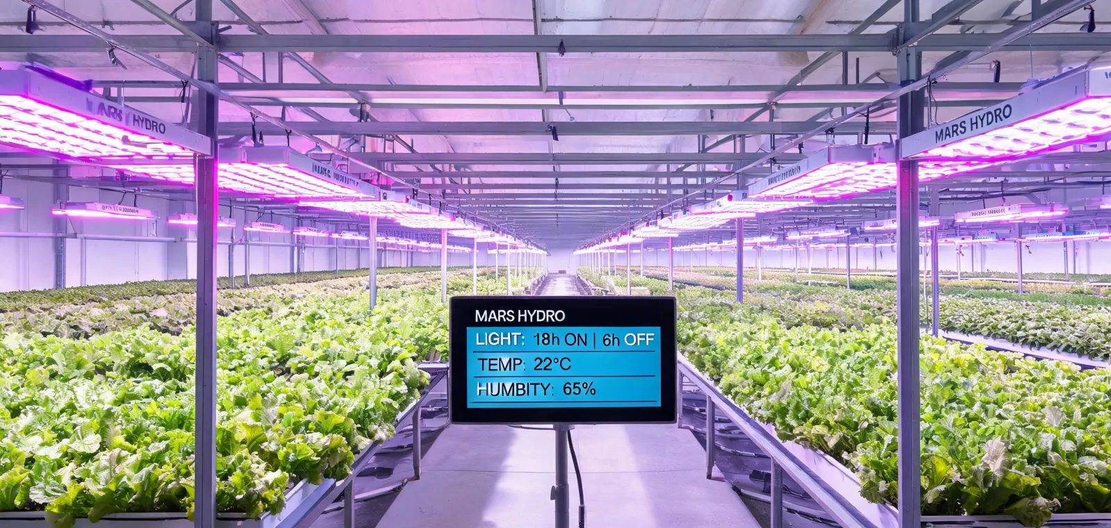 Mars Hydro LED grow lights above a commercial plant canopy
